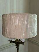 Solid brass base 3-arm candelabra-style floor lamp with neutral color shade…..59-1/2” tall