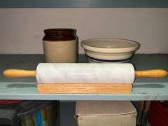 Marble rolling pin and stand, 6” tall crack and navy stripe mixing bowl (has chip)