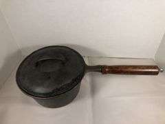Sauce pan 1 quart with lid and wood handle. Made in Taiwan. #1  U. 7.5” diameter. No spin, no wobble.