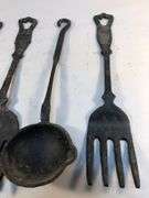 Vintage old fashioned kitchen utensils. Oversized spoon, 2 forks and ladel.  10.5 to 11” L x 2 to 3”W approx.
