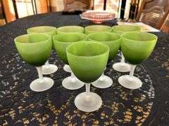 Collection of 25 pieces green and white satin glassware…..(7) 4-1/4” champagne, (9) 5-1/4” goblets and (9) 6” goblets…..there is chipping on some