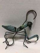 Metal garden grasshopper. Copper with green patina. 8” x 8” overall. Body 6” L