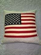 Wooden full size bed with cut out stars headboard, Hilfiger reversible quilt (has American flag on reverse) and Sealy mattress set