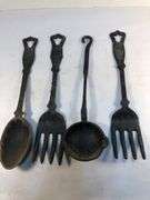 Vintage old fashioned kitchen utensils. Oversized spoon, 2 forks and ladel.  10.5 to 11” L x 2 to 3”W approx.