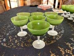 Collection of 25 pieces green and white satin glassware…..(7) 4-1/4” champagne, (9) 5-1/4” goblets and (9) 6” goblets…..there is chipping on some