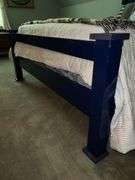 Wooden full size bed with cut out stars headboard, Hilfiger reversible quilt (has American flag on reverse) and Sealy mattress set