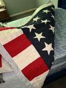 Wooden full size bed with cut out stars headboard, Hilfiger reversible quilt (has American flag on reverse) and Sealy mattress set
