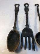 Vintage old fashioned kitchen utensils. Oversized spoon, 2 forks and ladel.  10.5 to 11” L x 2 to 3”W approx.