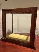 Vintage glass display case with single glass shelf and velvet lined bottom…..16-3/4 x 10-1/2 x 15-1/2 tall