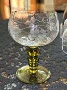 Set of (9) Vintage Green Bubble Stem Crystal Wine Glasses Etched Grapevine Pattern…..also comes with wrought iron holder for 6…..4-1/4” tall