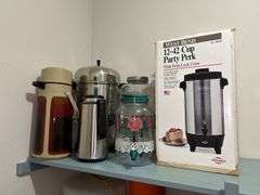 Grouping of various size and design drink dispensers, coffee makers, thermos-style dispenser and more