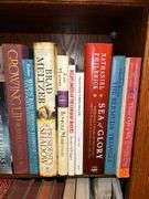 3 shelves of books of various titles and by variety of authors…..both paperback and hardback