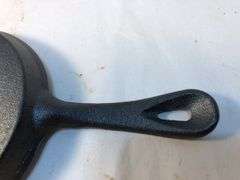 Mini 5” cast iron cookie skillet. 3.75” handle. No markings. No spin, no wobble.