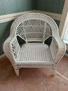 White wicker chair with cushion…..31-3/4 x 23 x 18 to top of cushion (32 tall overall)