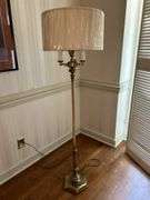 Solid brass base 3-arm candelabra-style floor lamp with neutral color shade…..59-1/2” tall