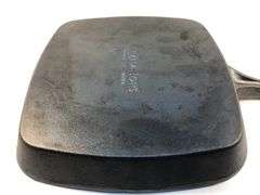 Internationals black cast iron 9” square ribbed griddle pan with pour spout. 1 1/4” D. No spin, no wobble.