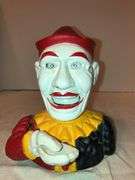 Vtg early 1900s Humpty Dumpty Circus Clown. Cast iron. Mechanical bank. 6” H x 5.5” W x 5” D.