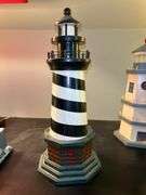 Nice selection of lighthouses made from various materials…..far left is musical (needs batteries, far right is a bank…..heights range from approx. 12-1/2 to 13-1/2” tall