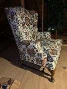 Custom upholstered Queen Anne style wing back chair…..29-1/2 x 21 x 20 tall to seat (43-1/2 tall overall)…..shows slight wear from normal use but overall in really good condition