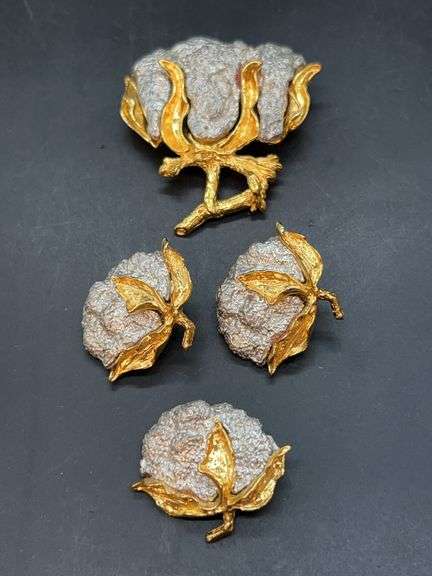 Beautiful 4-piece set of cotton boll gold and silver-tone jewelry…..from top brooch/enhancer combo, middle are clip-on earrings and bottom is small brooch/enhancer combo image