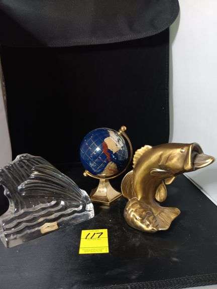 Desk decor pieces.  Press fish, brass globe seaphotos image