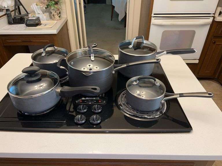 6-piece set of Calphalon and Tools of the Trade pots with lids…..1qt, 2qt, 2qt, 3-1/2qt, 4qt and 3qt frying skillet (see all pics…skillet was found later) image