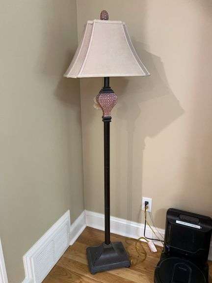 Very nice metal and wood base floor lamp with silk-like flare shade…..60-1/2” tall image
