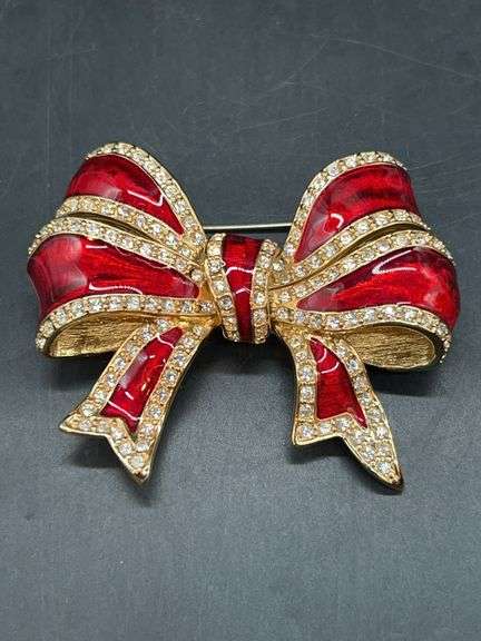 Vintage Joan Rivers Red Enamel Bow Brooch image