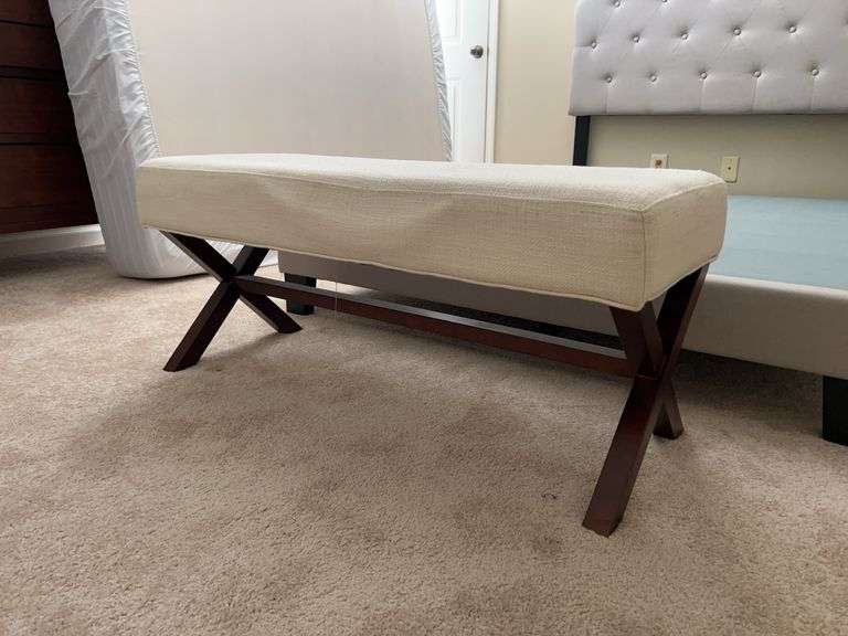 Mahogany base bench with tweed upholstery…..shows wear on seating edge and needs cleaned…..overall sturdy piece…..39 x 15-1/2 x 17 tall image