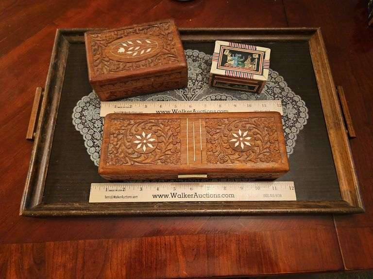 Three(3) hand carved, hand painted, wooden trinket boxes w/19x13 glass top handled tray... image
