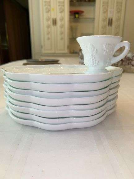 1 set of Vintage White milk Glass Harvest Grape Leaf Snack Tray and Cup plus 7 extra snack trays (no cups for these) image
