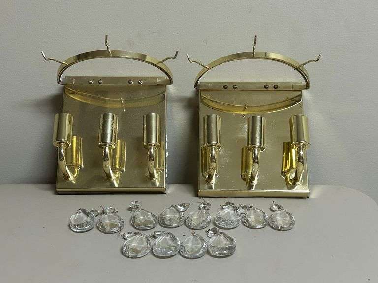 Set of 2 gold-tone wall sconces with crystal prisms, glass shelving (tightly wrapped) and bulbs image