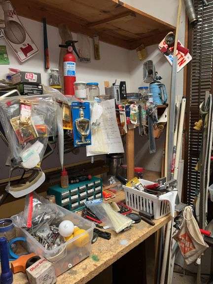 Contents of tool closet in garage and lawn/garden tools in garage…..lots of miscellaneous and buyer must take all that is included in lot…..TOOL BOXES ON FLOOR, BENCH GRINDER, TABLE SAW AND BATTERY CHARGER NOT INCLUDED image