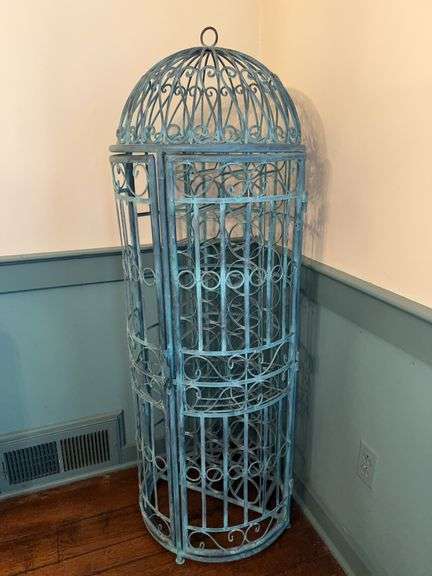 Teal wash color wrought iron bird cage wine rack…..56” tall image