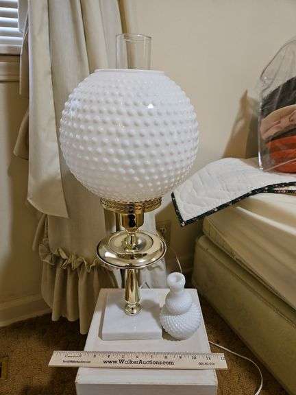 Vintage lamp w/round white hobnail milkglass shade & small hobnail milkglass vase... image