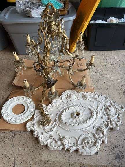 Exquisite vintage chandelier and plastic ceiling mandolins (one has blemishes)…..does have extra prisms image