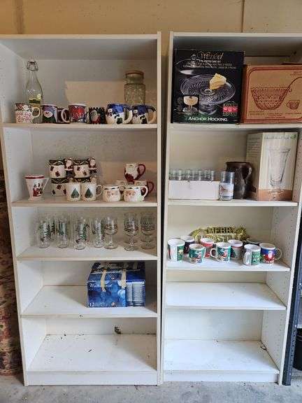 Contents on two(2) white shelving units in garage consisting mostly of Christmas Glasses, Cups, Mugs & vintage glass INCLUDES BOTH SHELVING UNITS 30x12x72 each... image