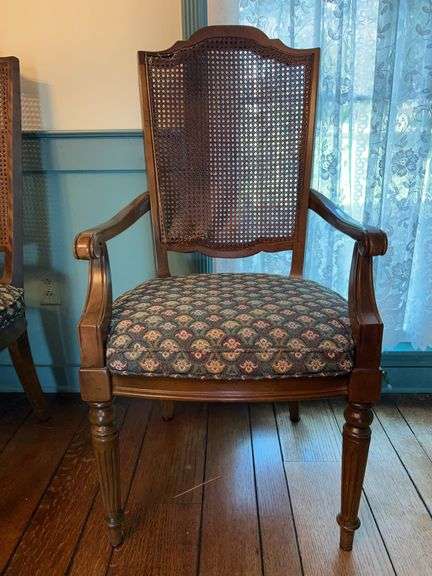 Ethan Allen maple dining arm chair with faux cane backing and padded seating…..backing needs TLC but otherwise sturdy image