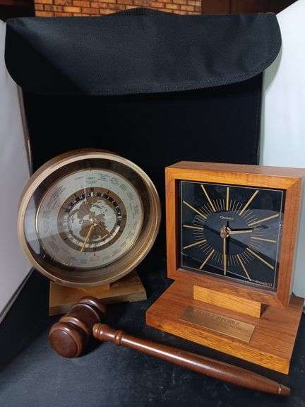 Linden (Japan) Quartz clock 7 3/4", Barhill wood clock, and gavel image