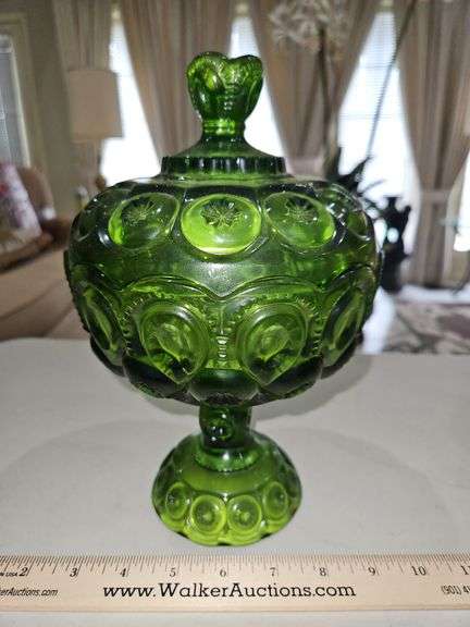 Vintage LE Smith Moon and Star Green Glass 6.75"(9.75" total h) Compote w/Lid in excellent vintage condition except for on small chip on the lid as shown in pic... image