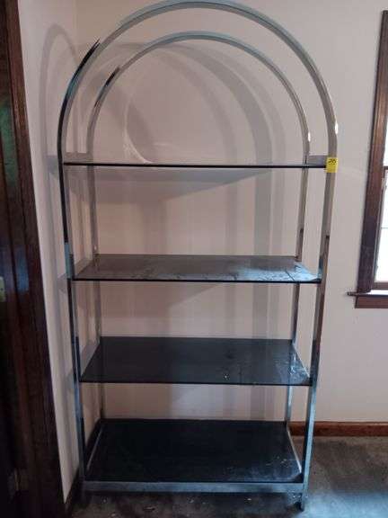 Aluminum with smoked glass shelving unit..Buyers responsible for removal...Upstairs. Dimensions 38x78 image