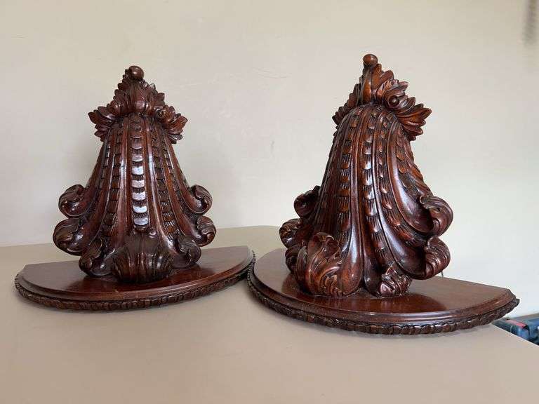 Gorgeous pair of ornately carved mahogany wall sconces……14 x 12” tall….there is paint on the back from being hung on the wall image