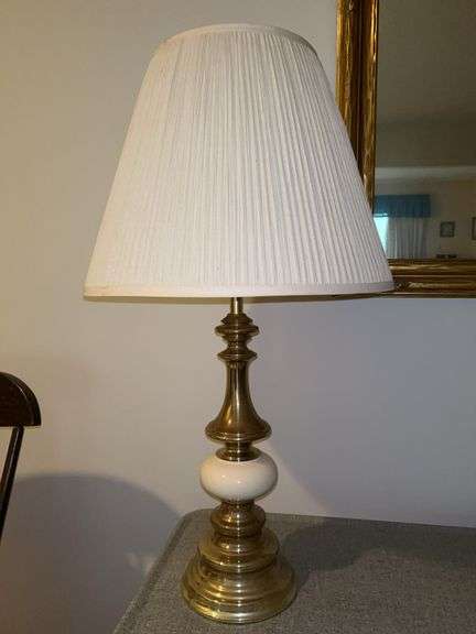 30” tall brass and ivory ceramic base lamp with pleated shade image