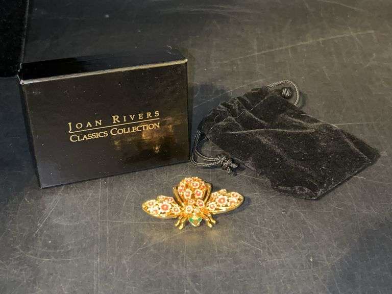 Joan Rivers Cherry Blossom Enamel Flower Bee Brooch with Jeweled Eyes…..original box and velvet pouch image