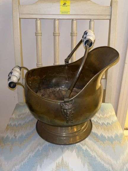 Copper ash bucket with blue/white porcelain handles image
