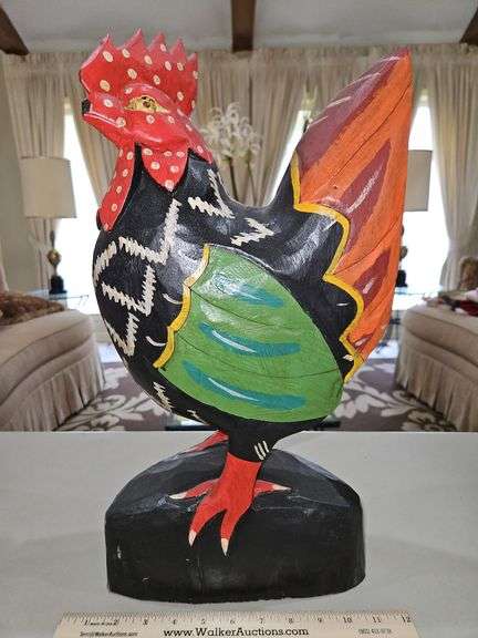 Very colorful large hand-carved, hand painted wooden rooster... image