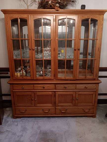 Solid Oak China Cabinet...2 pieces..68 1/2"x78x19...Please bring help to load.Contents not included..China Cabinet only. image