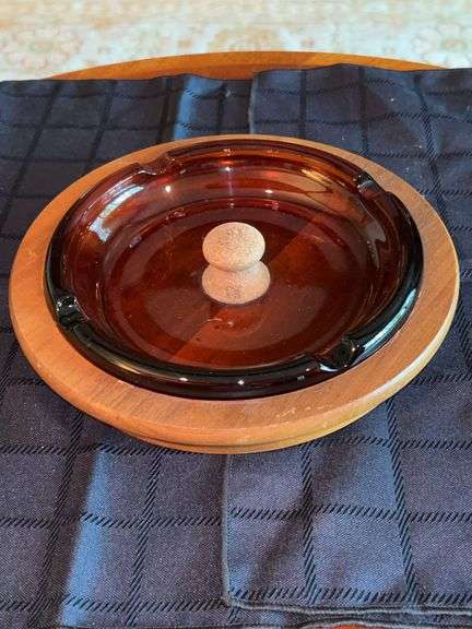 Vintage thick Amber Glass Ashtray with solid wood base image