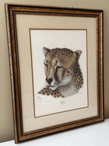 Framed lithograph print titled "Cheetah (Head)" by American artist Imogene Hudson Farnsworth…..22-1/4 x 26-1/2 image