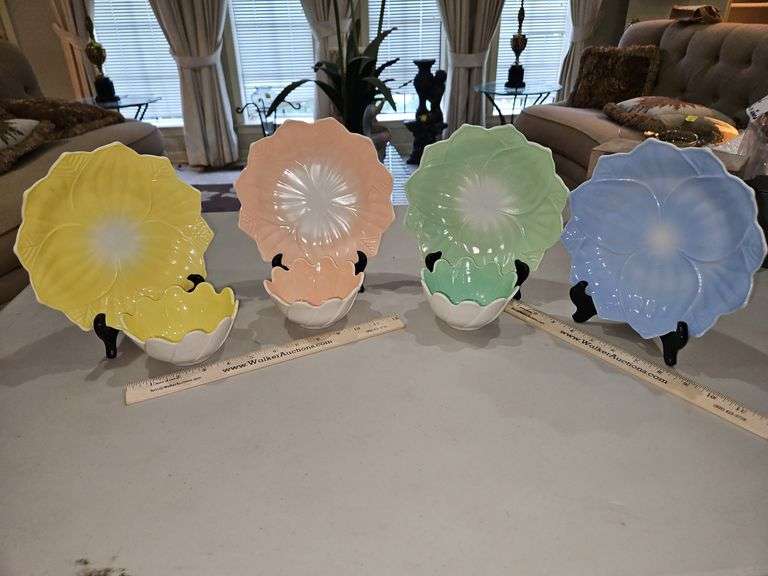 Vintage Anchor Hocking Fire King Lotus Leaf & Blossom 4 Plates & 3 Cups Snack Sets... image